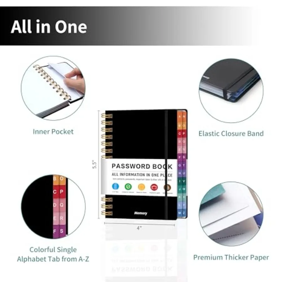 Spiral Password Book with Alphabetical Tabs and Pocket 4