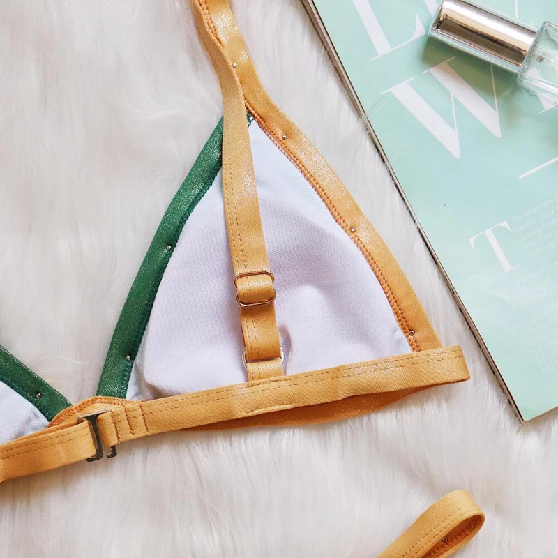 Biquíni com contas de retalhos sexy alças ajustáveis maiô feminino de duas peças