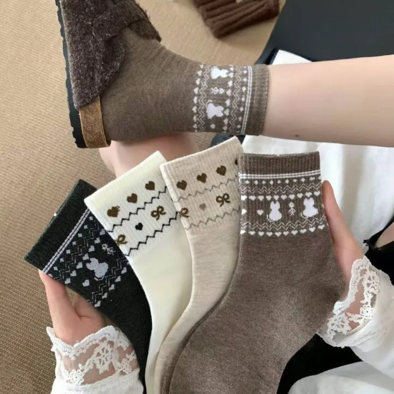 1/4 pairs Retro Sweet Checkered Bow Women's Socks Spring Autumn New Cute Cartoon mid tud socks Fashion Versatile Women's Socks