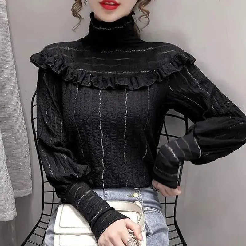 

2023 Spring Autumn Ruffles Lace Shirt Slim Turtleneck Female Clothing Long Sleeve Fashion Folds Spliced Commute All-match Blouse