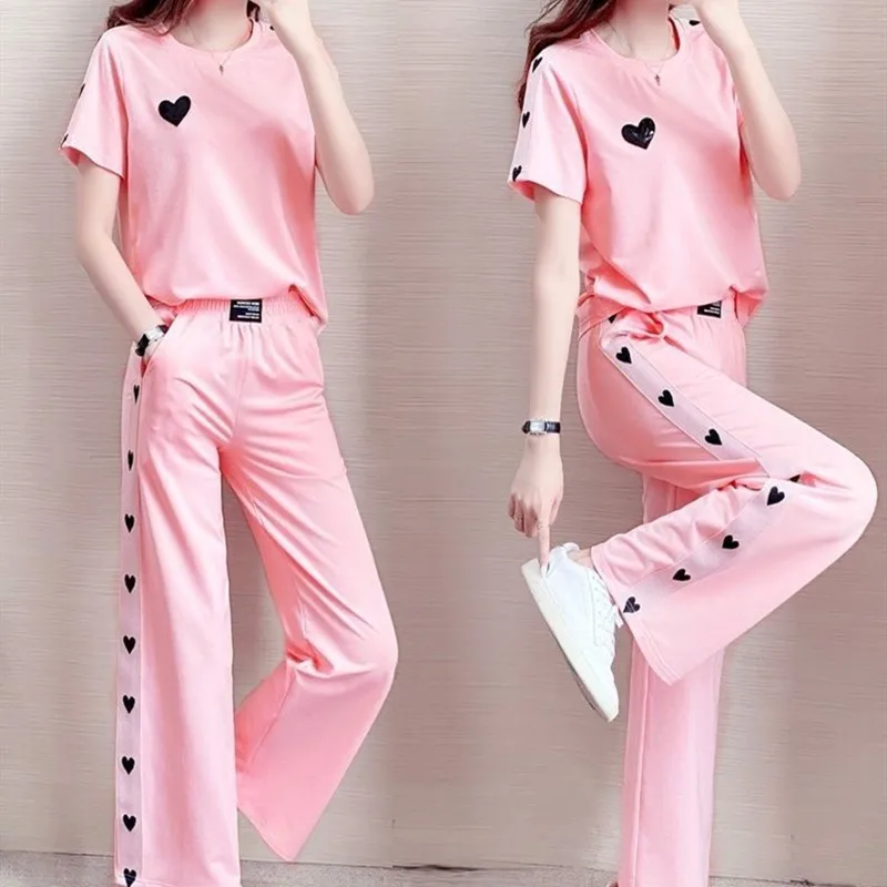 2022 Summer New Plus Size Leisure Sports Women\'s Suit Pink Love T-shirt Loose Wide Leg Pants Two-piece Set Female Tracksuit