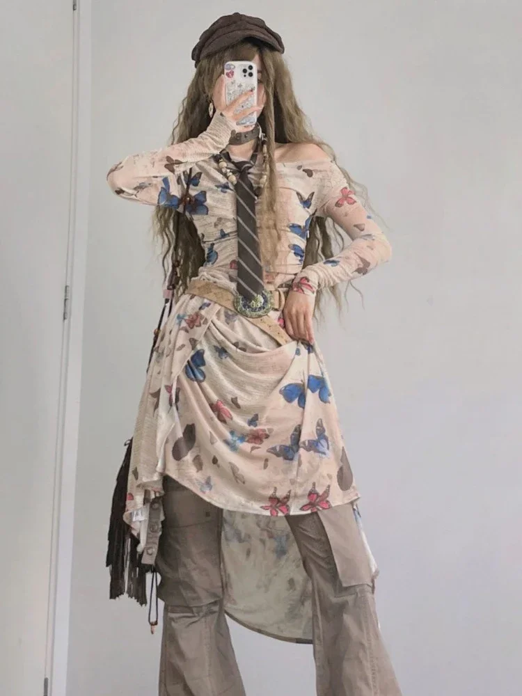 Streetwear Vintage Printing Dresses Grunge Y2k Aesthetic Skew Collar Pleated Vestidos Harajuku Woman Irregular Dress