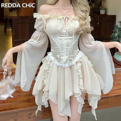 REDDACHiC Medieval Retro Cross Lace Satin Patchwork Mini Dress Women Bandage Ruffle Long Sleeves Chiffon Dress Summer Clothes