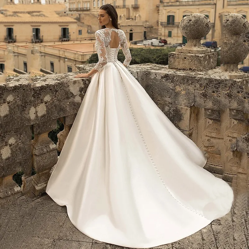 Elegante ilusión O cuello vestidos de novia para mujer elegante hecho a medida mangas largas apliques con cordones vestido de novia bolsillos satén