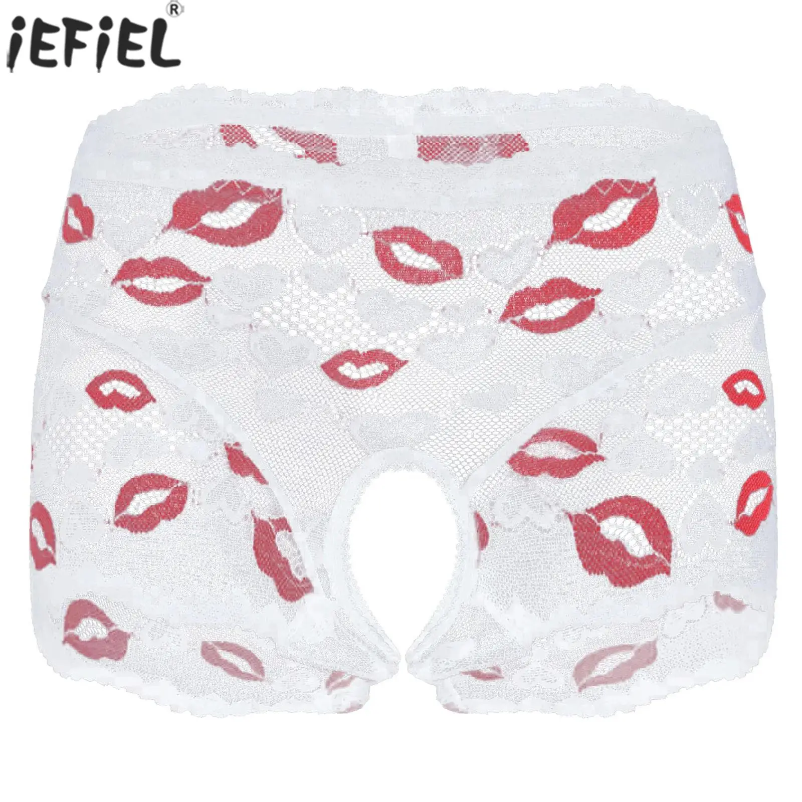 

Women Lip Heart Pattern Lace Panties High Waist Open Crotch See Through Briefs Tempting Lingerie for Anniversary Honeymoon Wear