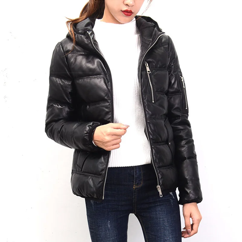 Para baixo couro preto genuíno casaco feminino outono inverno fino curto com capuz jaqueta de couro real para baixo moda feminina grosso outwear