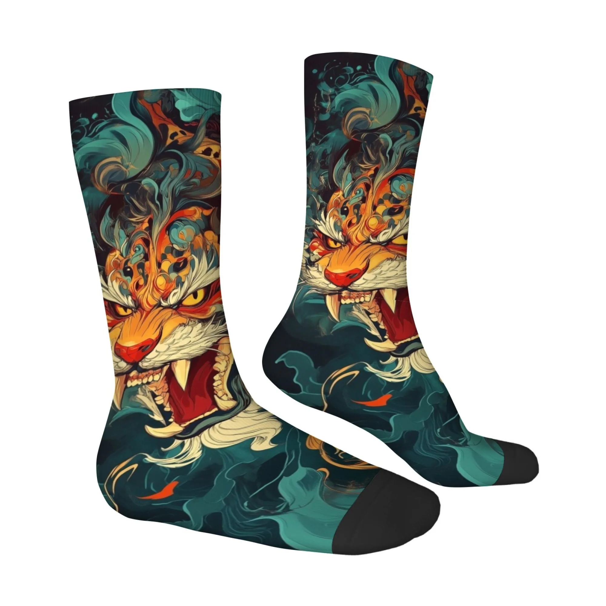 Chinese-style Tiger Fluid Art Iridescent Gradient Men Mid-calf Socks Cyberpunk Style Domineering and Cool Street Style Socks