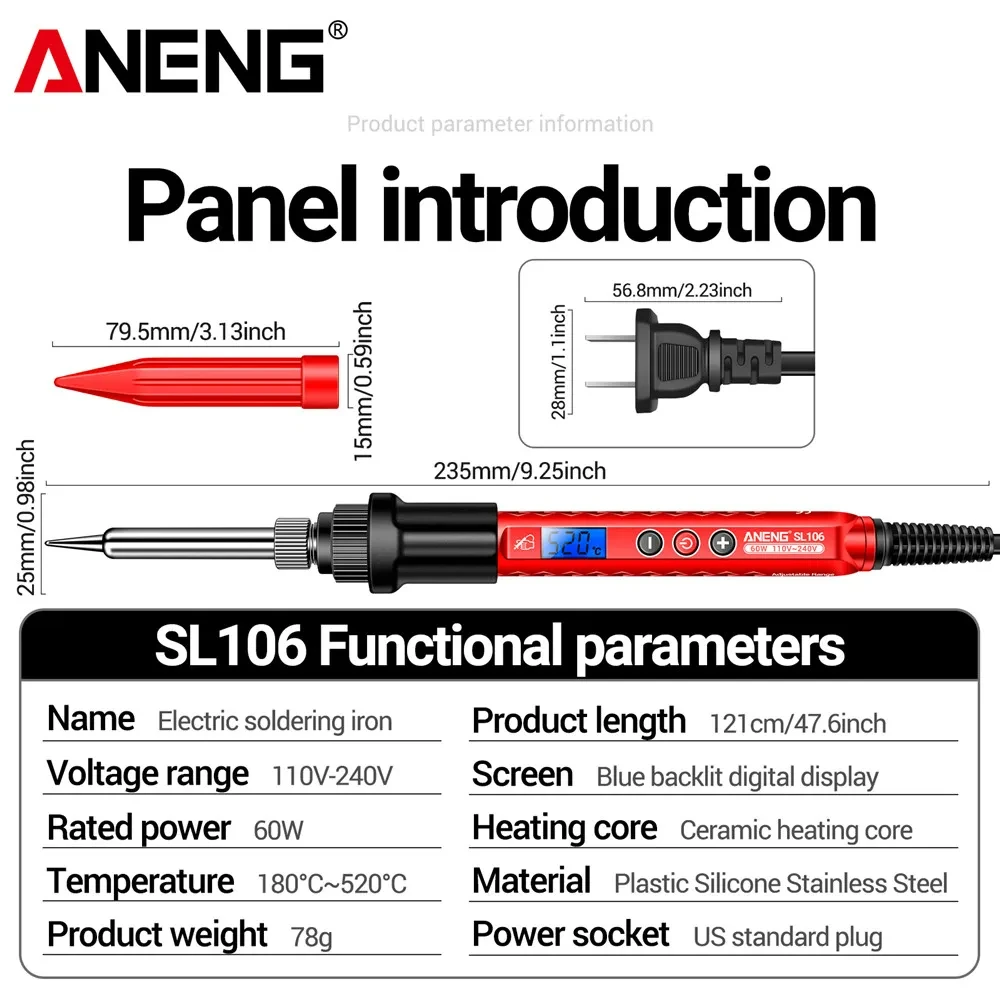 Imagem -04 - Aneng-ferro de Solda Elétrica Solda de Solda de Temperatura Ajustável Ferramentas de Reparo Profissional Plug Eua e ue Sl106 110v 220v