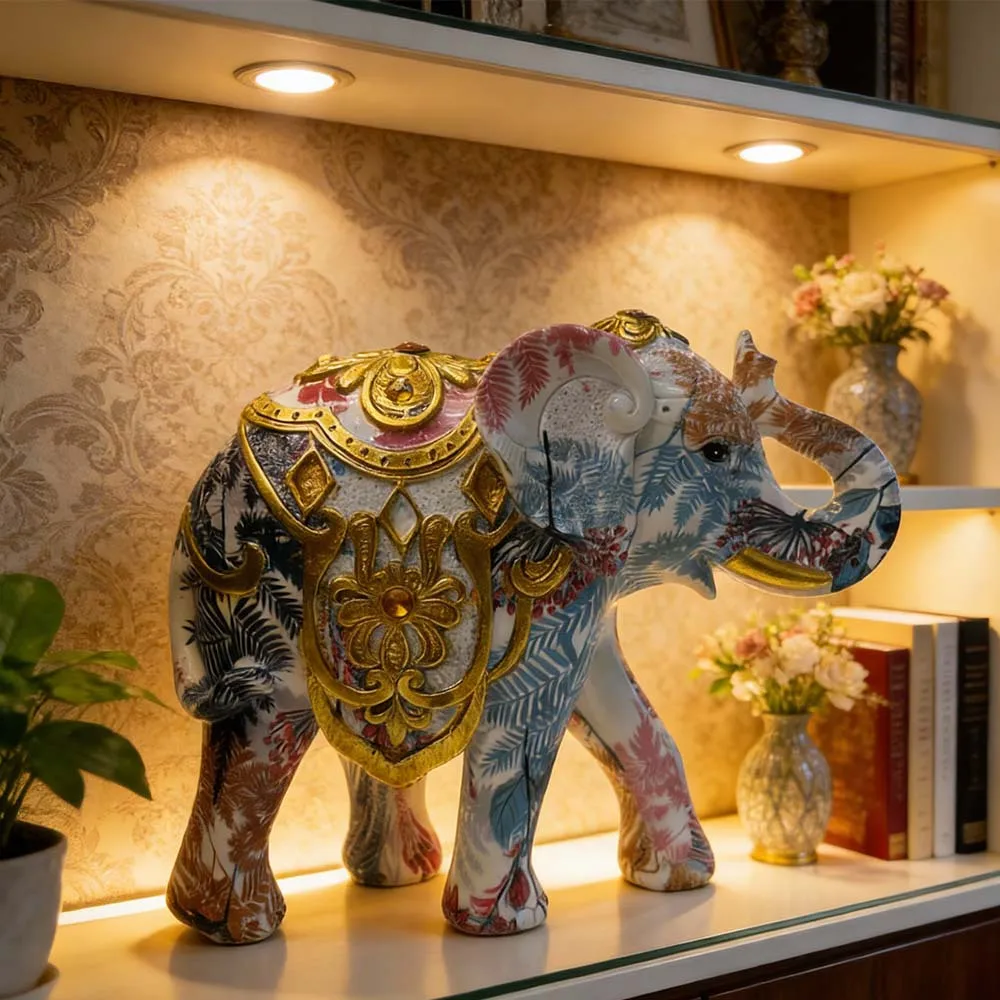Estatua de Elefante Floral Azul y Rosa, 1 Pieza, Escultura de Resina Bohemia con Detalles Dorados, Decoración de Escritorio y Regalo para el Hogar con Significado de Feng Shui