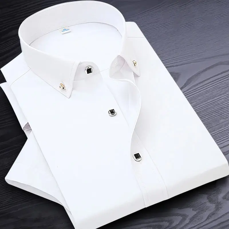 Plus Size Men Dress Shirts Short Sleeve Slim Fit Solid Business Formal White Shirt Male M~5XL Men\'s French Cuff Shirt Summer