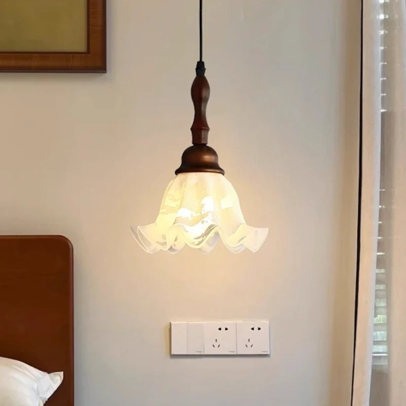 French White Snowflake Pattern Flower Shape Glass LED Pendant Lights Living Room Bedroom Restaurant Kitchen Wooden Hanging Lamps