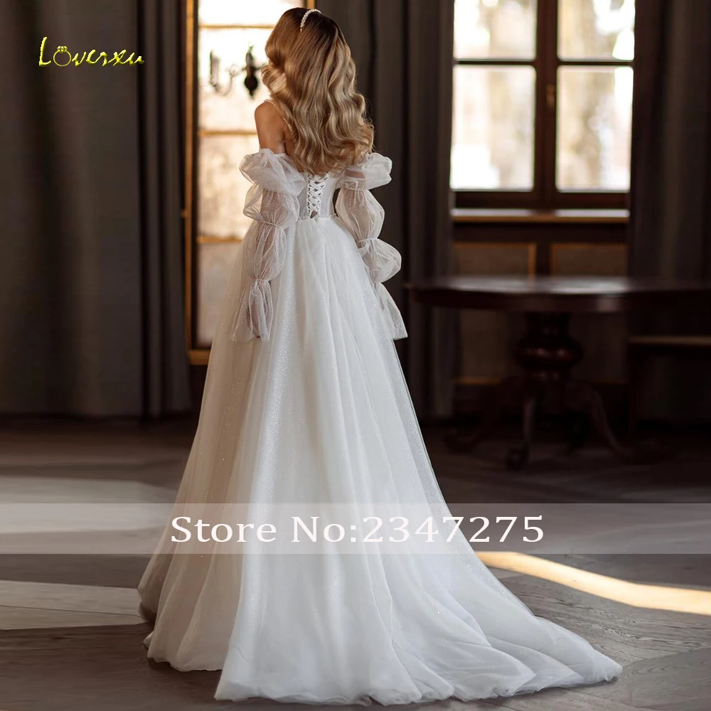 Loverxu A-Line Graceful Wedding Dresses Scalloped Long Sleeve Vestido De Novia Lace Embroidery Glitter Custom Made Bridal Gown