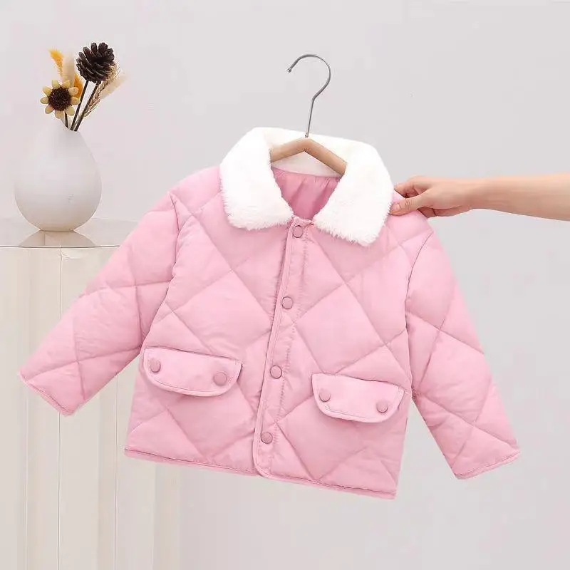 

Small and medium-sized children's Korean loose cotton clothing, children's diamond grid short cotton jacket, thick and warm fur