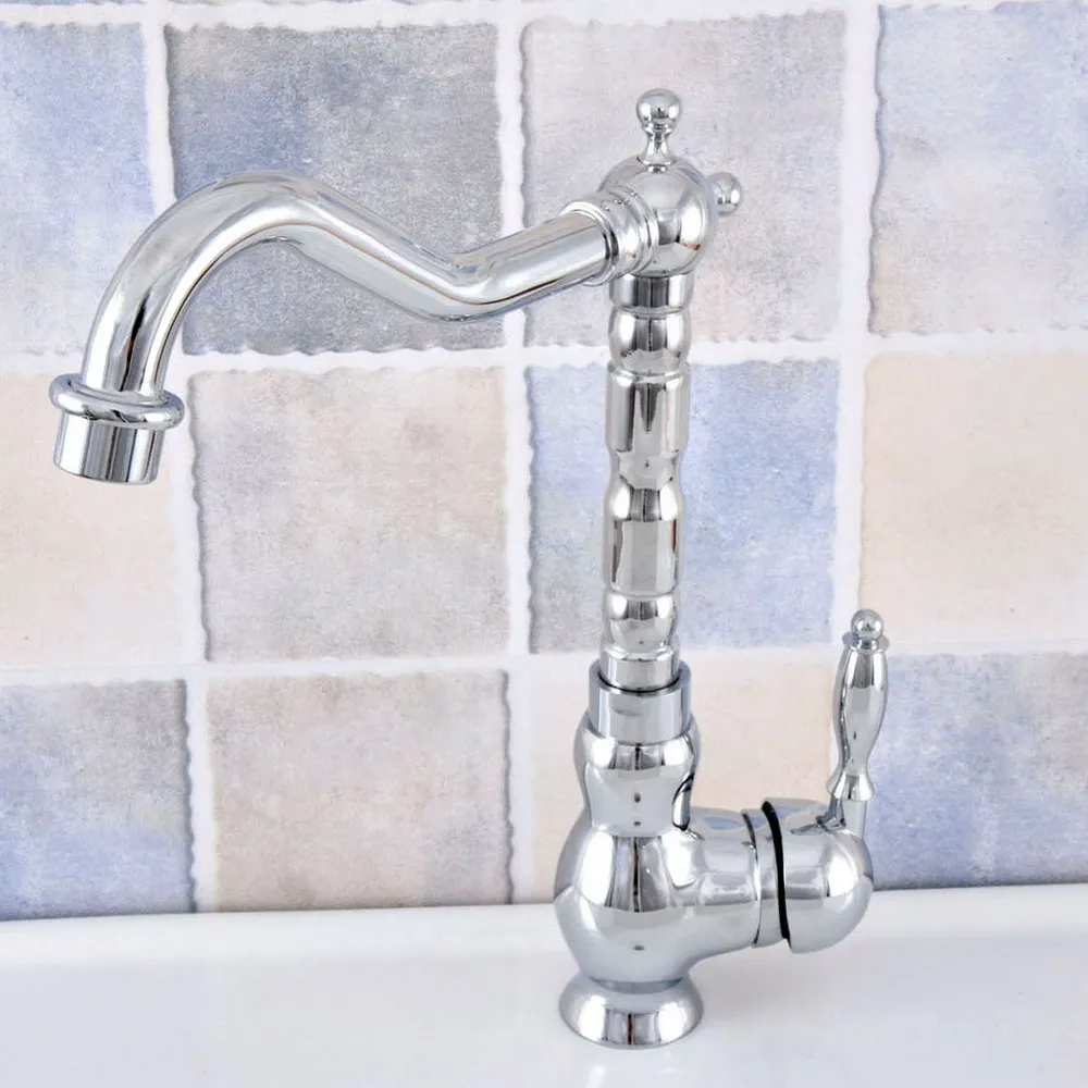 

Chrome Finish Brass Single Hole Deck Mount Kitchen Basin Faucet Swivel Spout Bathroom Sink Cold Hot Water Taps 2sf655