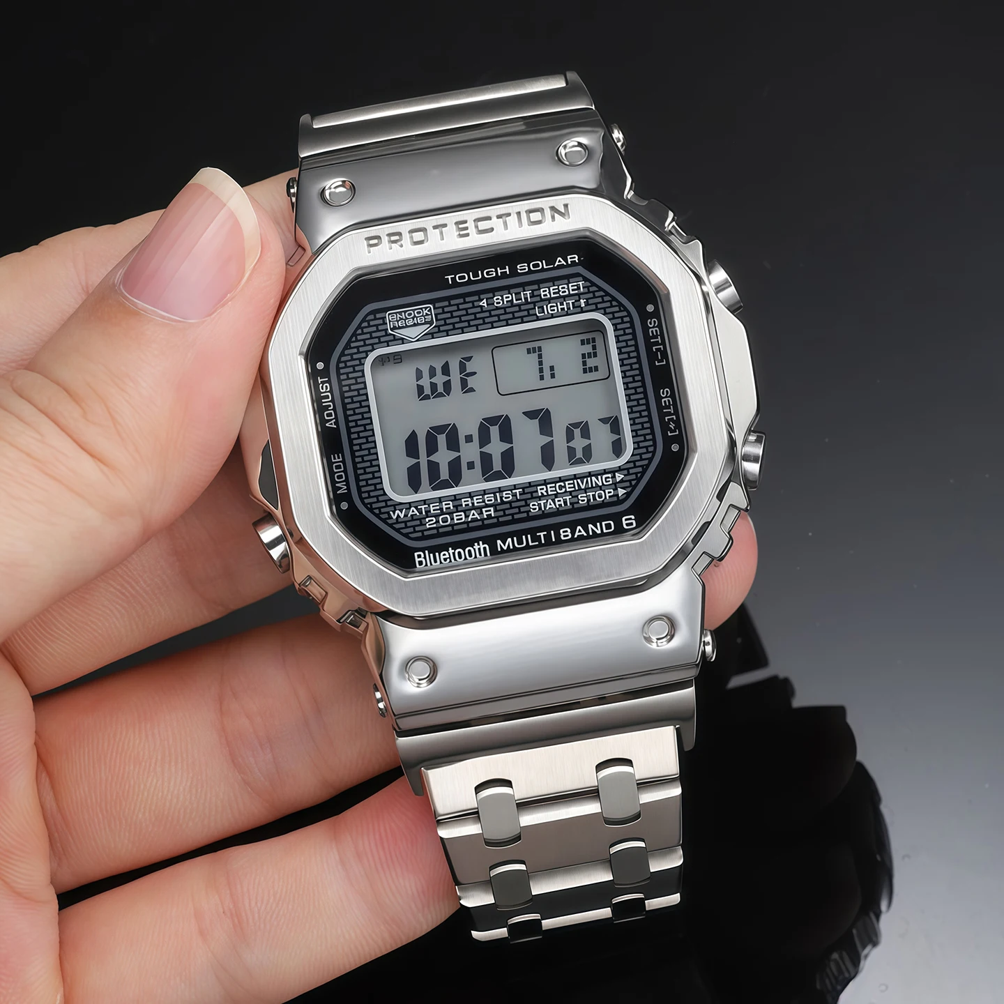 카시오 G-Shock GMW-B5000 GM-B2100 GMB2100 GMC-B2100 MRG-B2100D 시리즈용 스테인레스 스틸 시계줄, 수정된 솔리드 스틸 스트랩