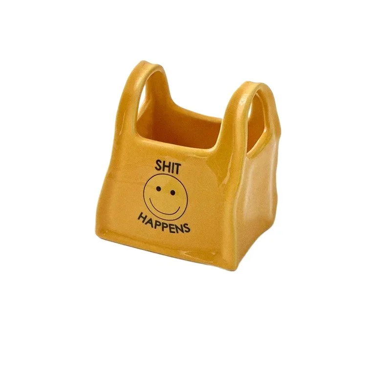 Yellow Ceramic Mini Tote Bag Pen Holder - Creative Desktop Storage Organizer for Makeup Brushes, Remote Controls and Stationery, Cute Smiley Decorative Container