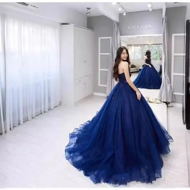 Bomaris Navy Blue Princess Quinceanera Dresses Sweetheart Vestido De 15 Anos Ball Gown Appliques Court Train Birthday Party