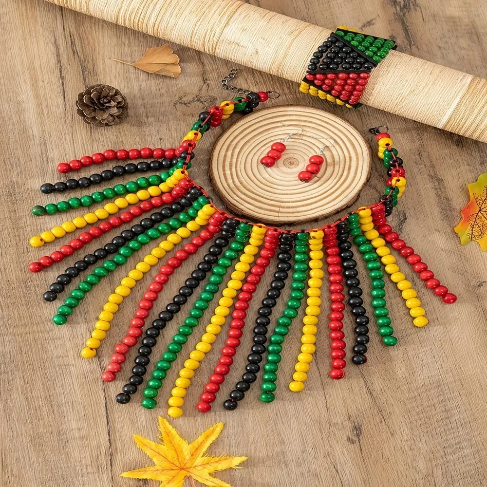 Colorful Beads Jamaican Necklace Earrings Set Wooden Beads African Style Bracelet Woven African Women's String Collar Charm