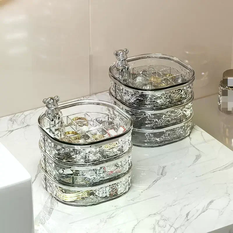 صندوق مجوهرات دوار، قسم شريطي شفاف، صندوق تخزين مجوهرات رائع، حلق، دبوس شعر وصندوق تخزين الخاتم