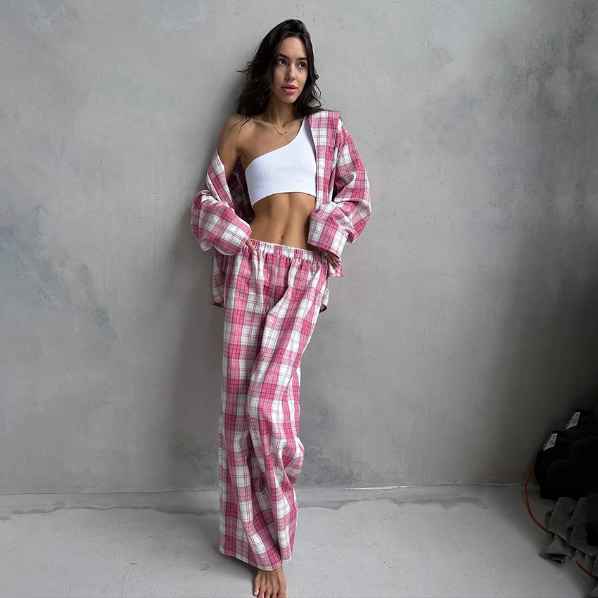 

Hiloc Casual Plaid Women'S Pajamas 2-Piece Suit Loose Pocket Long-Sleeve Tops Tatting Elastic Waist Trousers Autumn Winter 2025