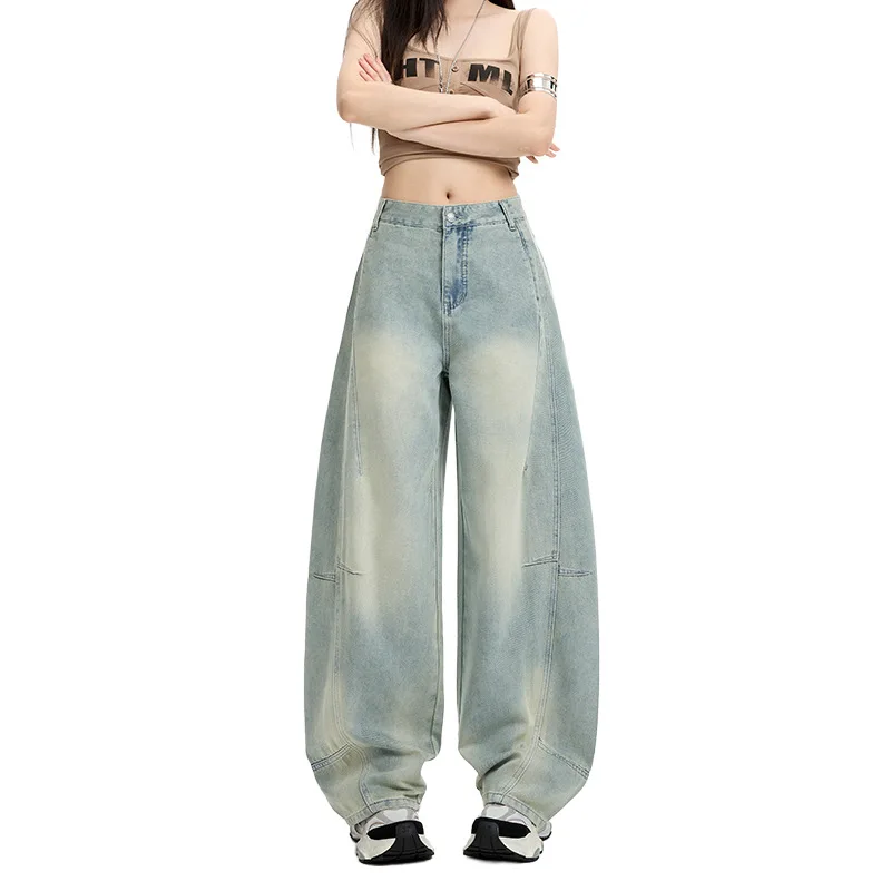 涼しく通気性の良いテンセルの薄手ハイウエストワイドジーンズ。 夏の女性のための新しいアメリカンレトロなルーズ三日月型ジーンズ