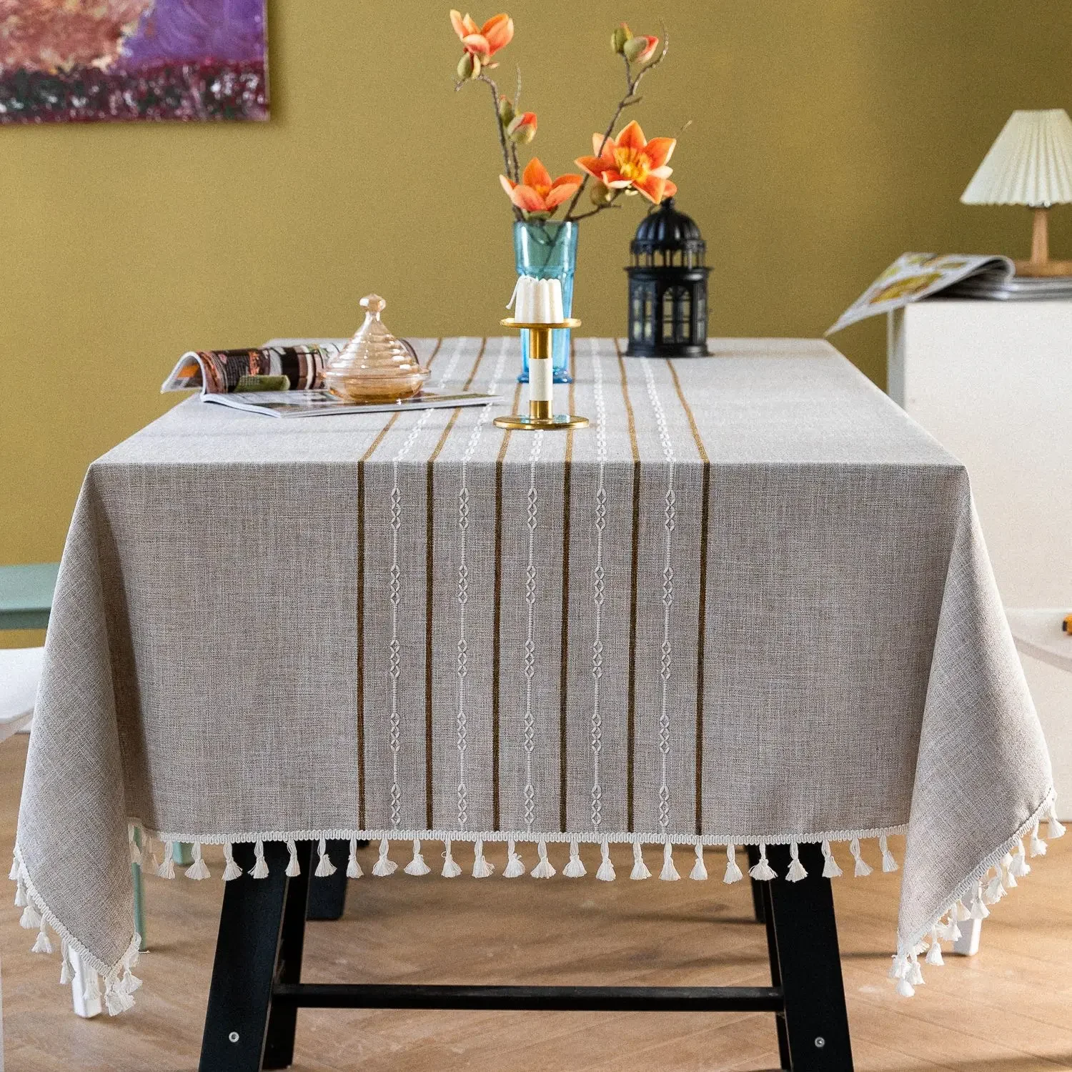 

Cotton Linen Fringed Stripes with Tassel Rectangular Table Cloth Kitchen Table Map Towel Tablecloth Christmas Decoration