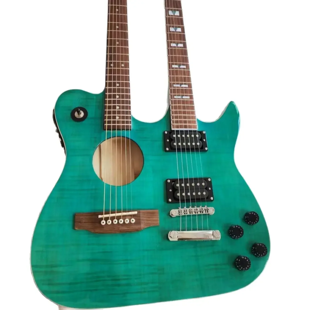 Double Neck Hollow Body Acoustic Electric Guitars Green Blue Flame Maple Top Slash 6+6 Strings Abalone Inlay Guitar Accessories