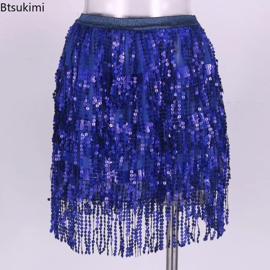 Seksowna spódnica warstwowa do tańca brzucha cekiny łańcuszek frędzle paski krótka spódniczka strój do ćwiczeń tańca latynoamerykańskiego hula kostium sceniczny