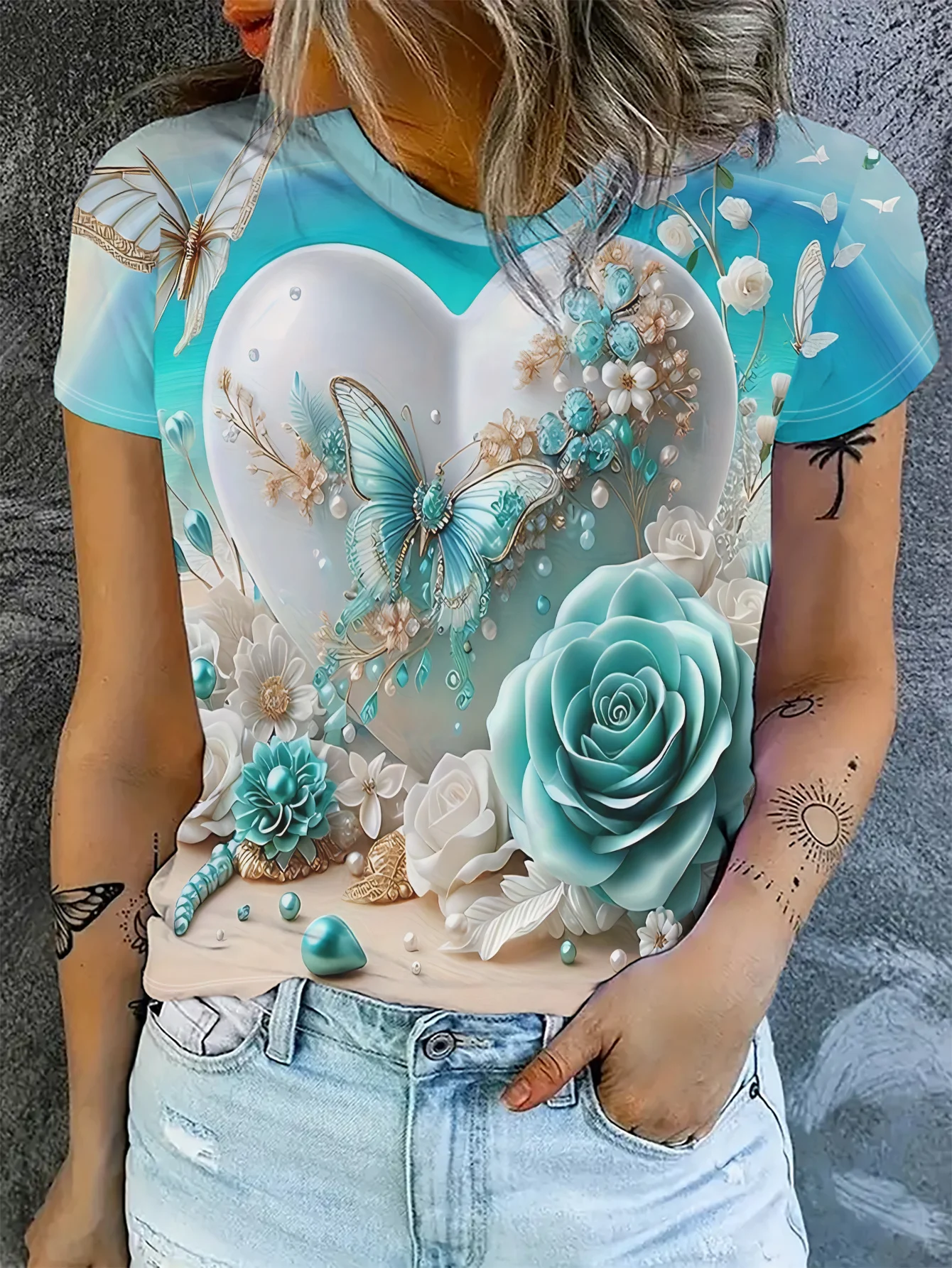 Women Short Sleeve T‑Shirt 3D Heart Rose Butterfly Floral Print Round Neck Blue Gradient Loose Casual Summer Tops