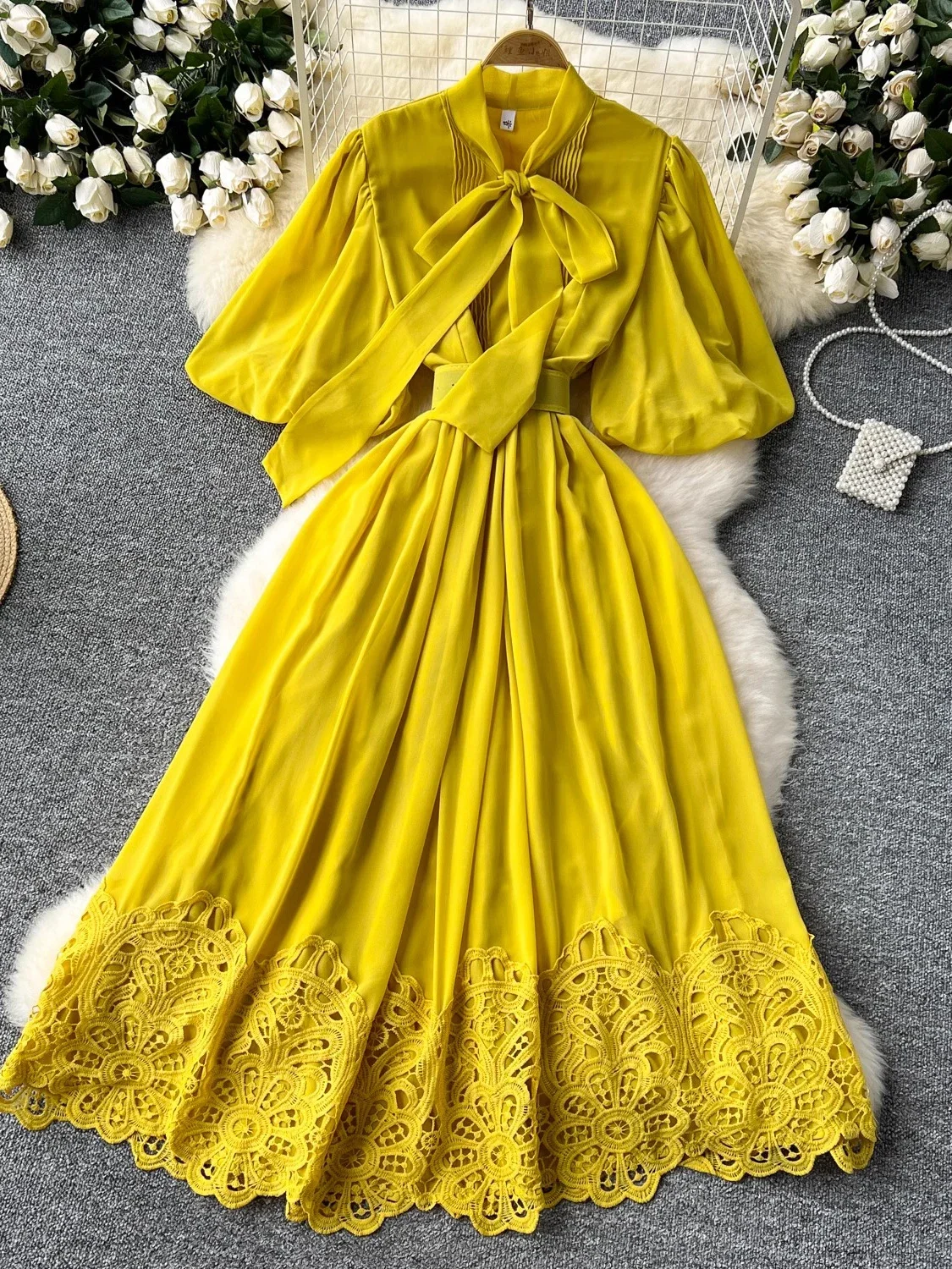 Summer Vintage Women Red/Yellow/Blue/White Lace Patchwork Long Dress Elegant Bow Collar Puff Sleeve High Waist A-Line Robe New