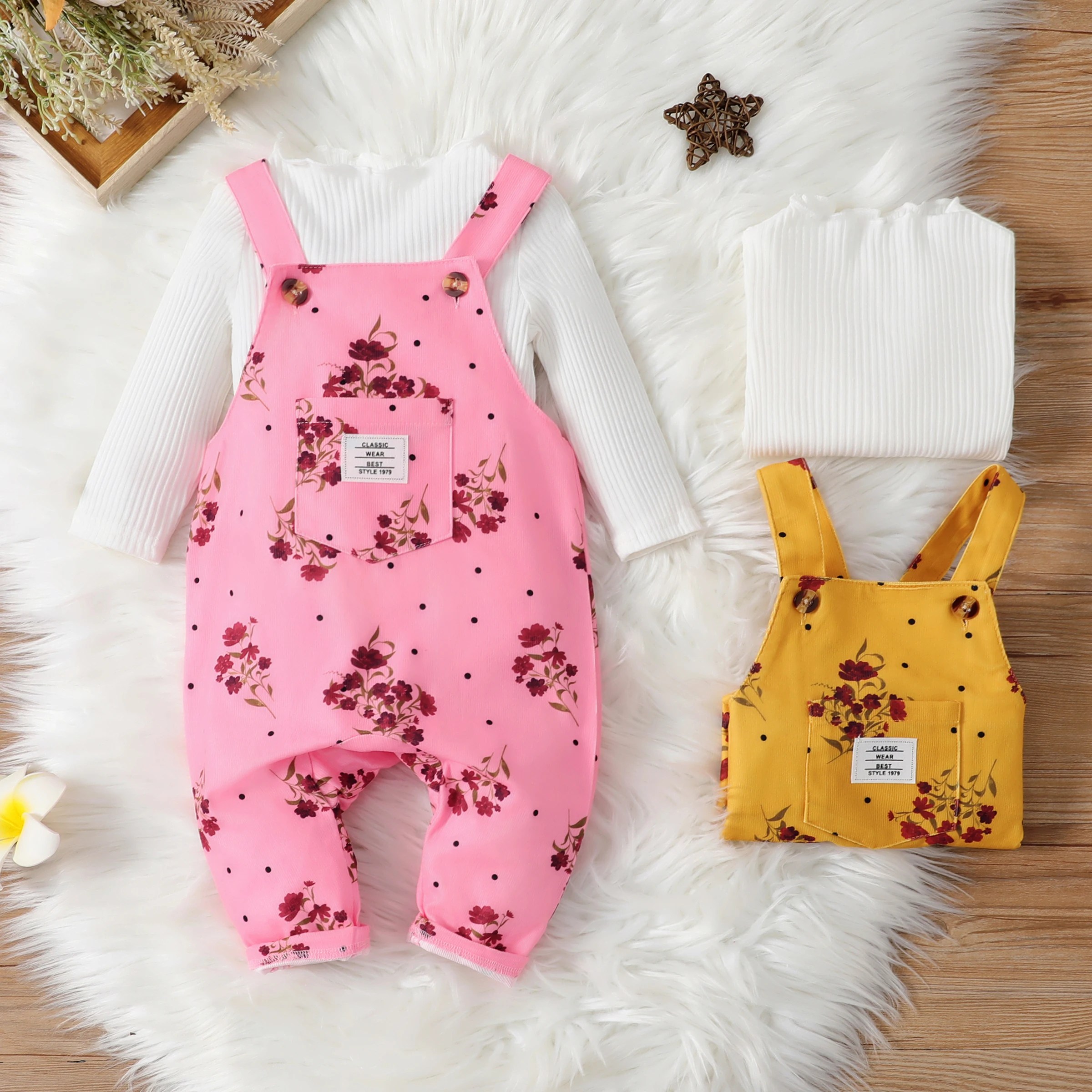 

Baby Girl 2pcs Ruffle Collar Tee and Floral Print Overalls Set