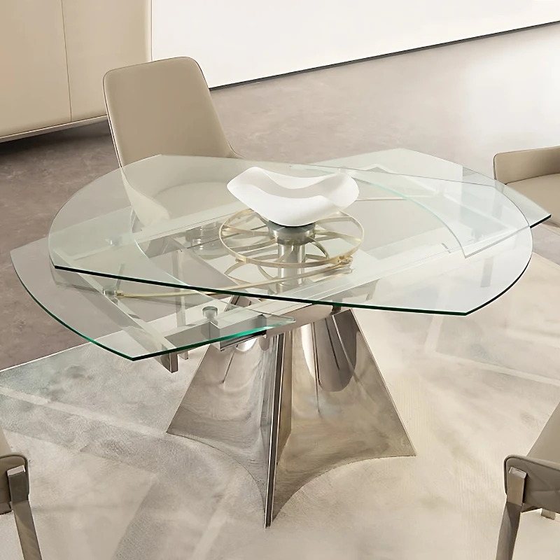 

Light luxury high-end tempered glass dining table Home restaurant Stainless steel bracket