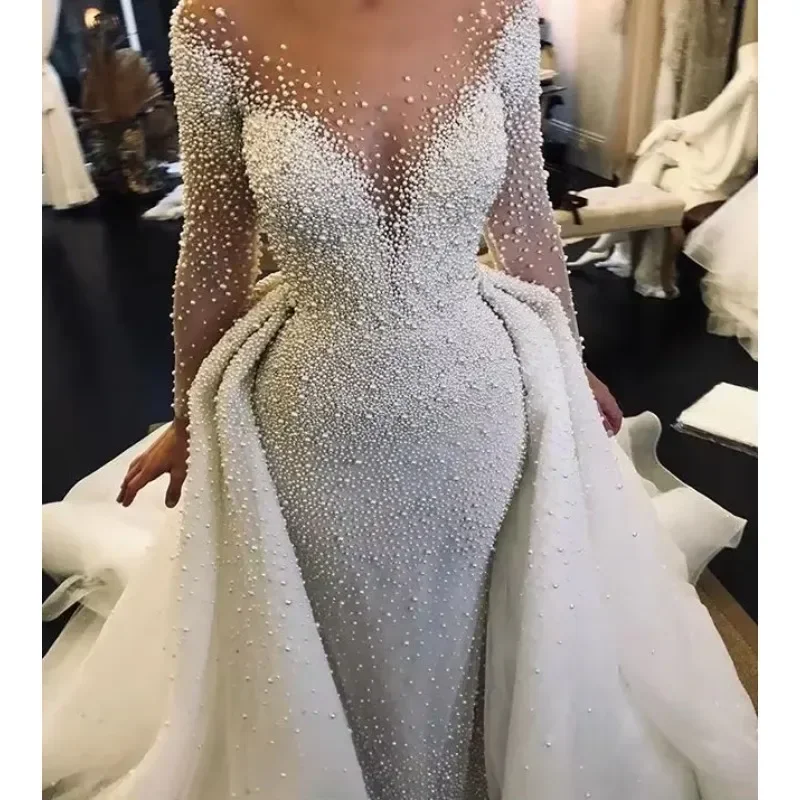 Customized  Mermaid Dresses Sheer Crew Neck Long Sleeves See Through Wedding Gowns With Removable Train Bridal Dress