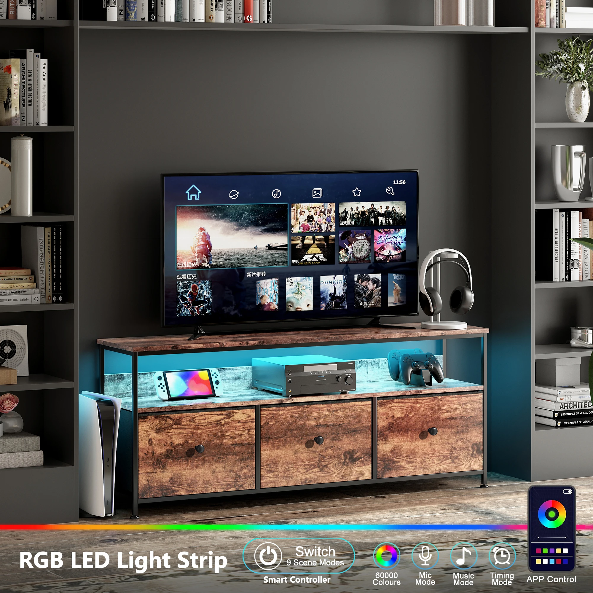 Anajqaqia 108 x 30 x 57 cm LED-Retro-TV-Schrank, funktioneller Schrank mit 3 abnehmbaren Stoffschubladen für Wohnzimmer und Schlafzimmer