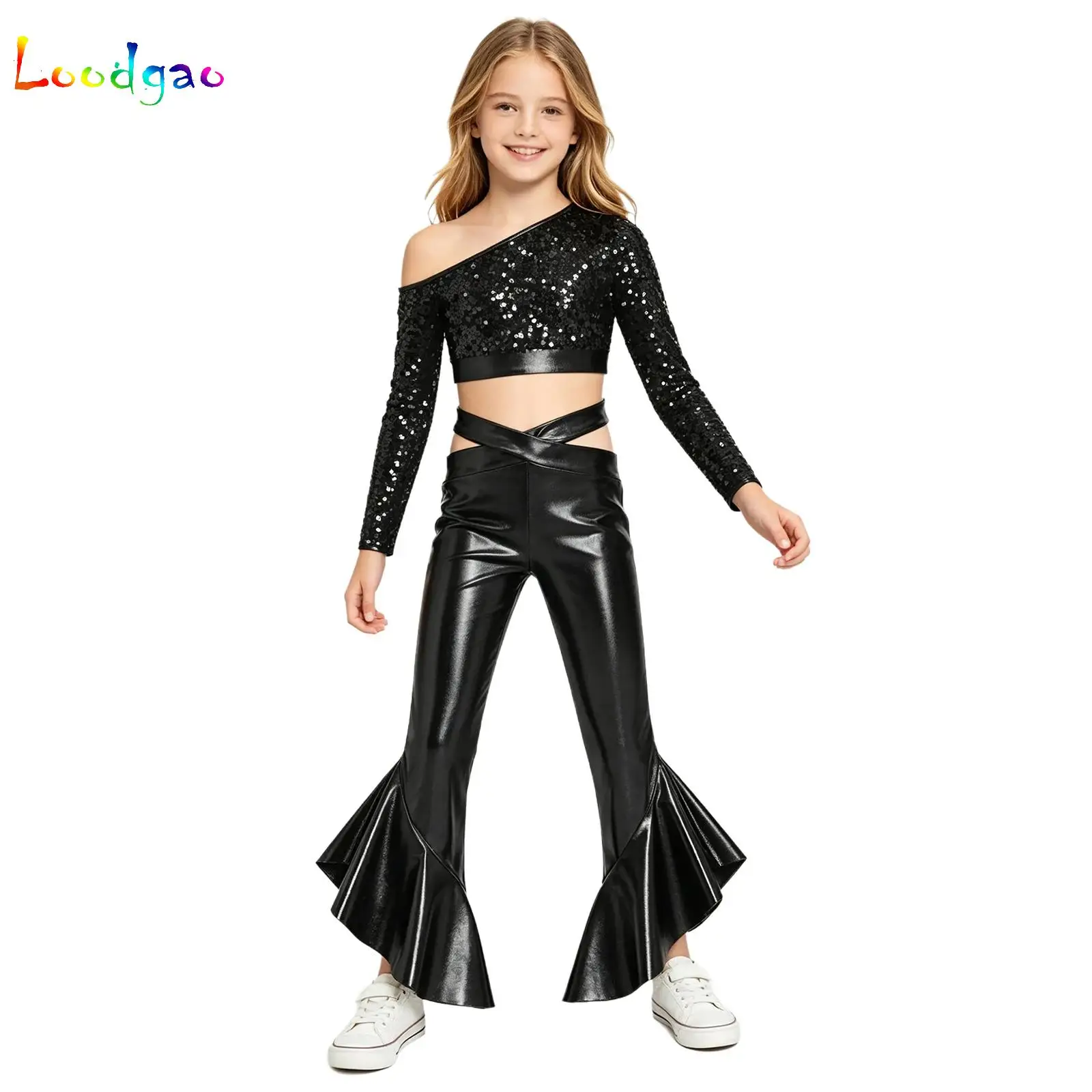 Kids Girls Pageant Set One Shoulder Sequin Top And Split Bell Bottom Pants Jazz Modern Disco Belly Dance Performance Costume