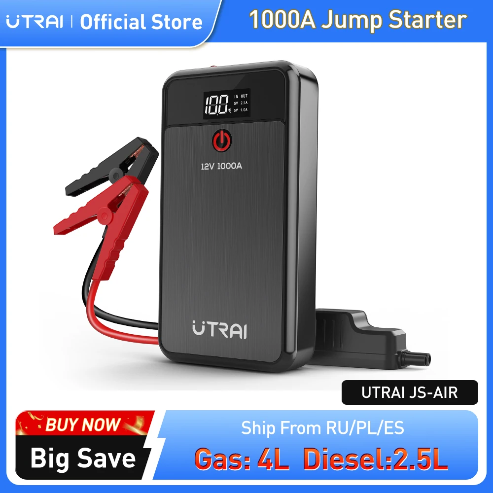 UTRAI Car Jump Starter 1000A Ładowarka akumulatorów 8000mAh Awaryjny bank mocy Booster z oświetleniem LED Urządzenie rozruchowe do samochodów 12V