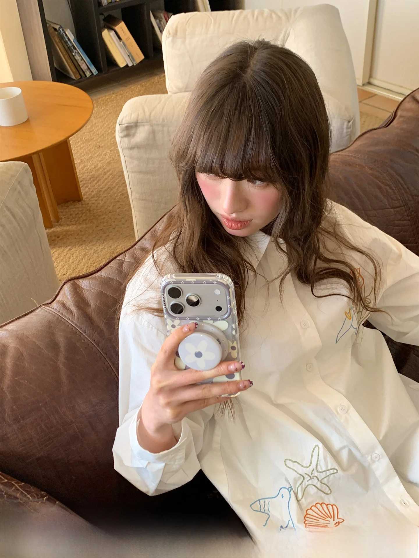 

Simple Contrast Color Stitching Loose irt Spring Day Line Trace Embroidery Casual Women's Faion Cotton Long Sve irt