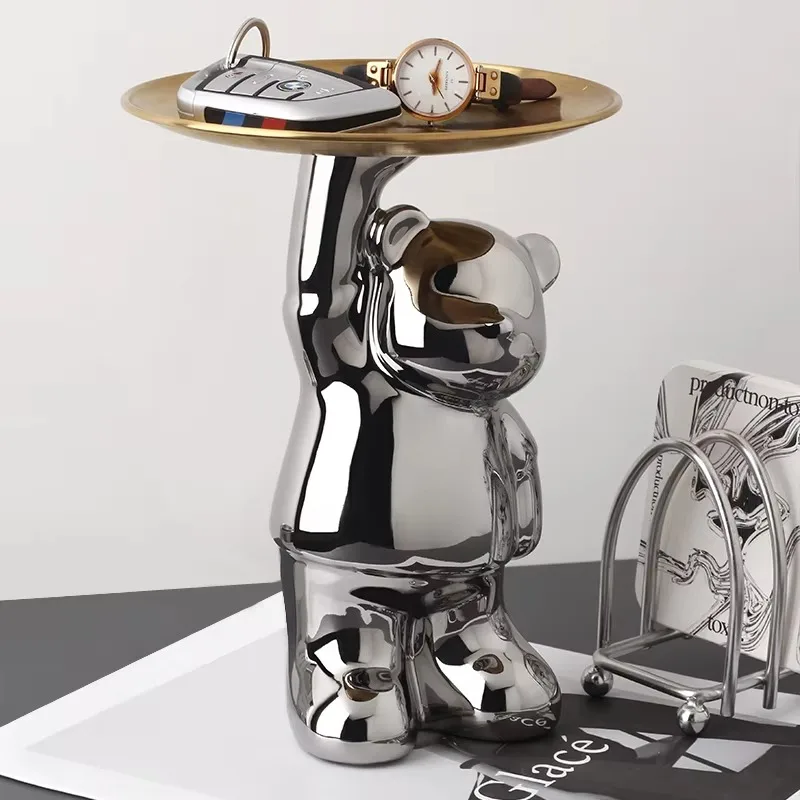 

Посеребренный керамический напольный декор в виде медведя - украшение для дома с подносом, креативный подарок для гостиной, столешницы