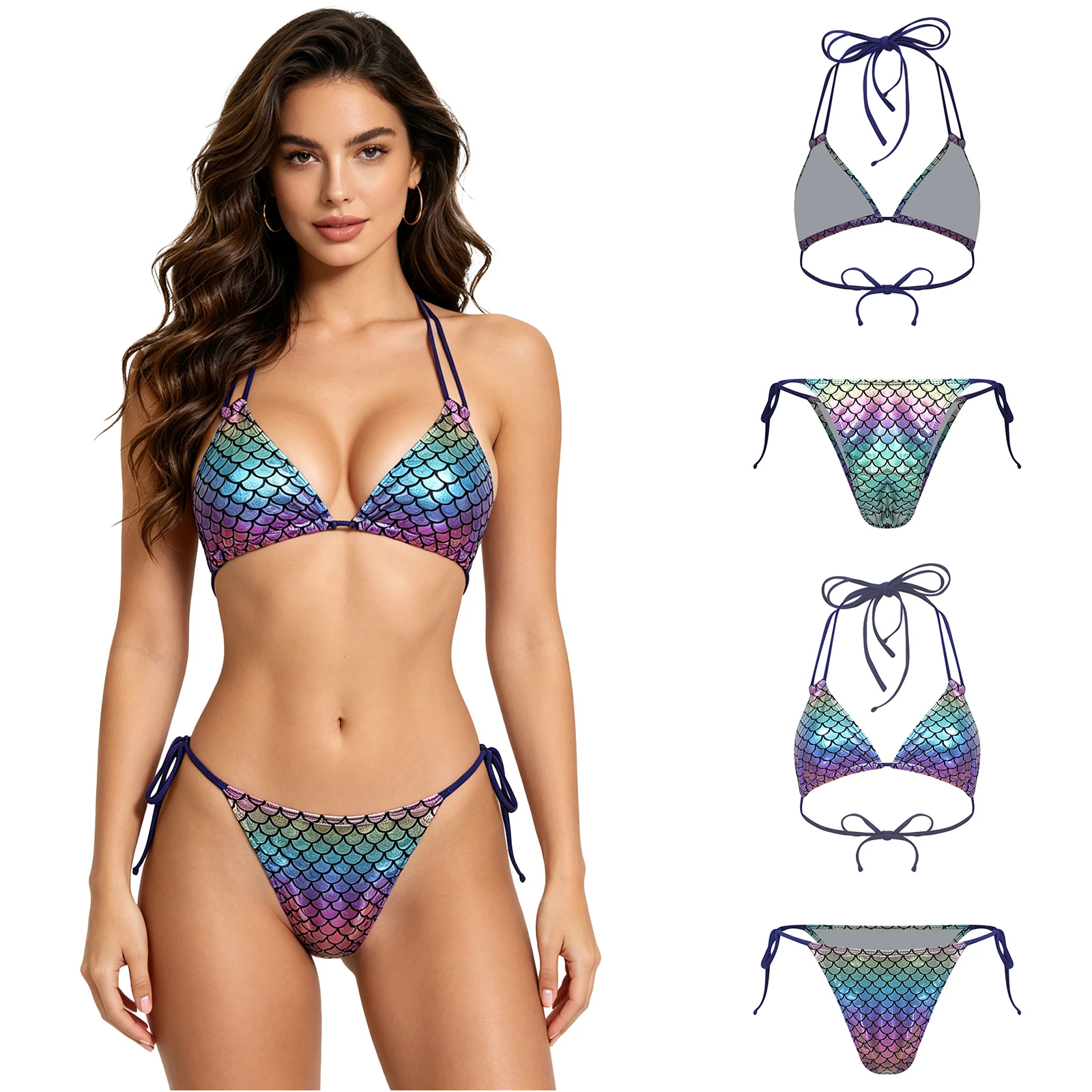 Women Fish Scale Print Bikini Set Swimsuit Removable Chest Pad Bra with Briefs Beach Pool Sunbathing Bathing Suit Beachwear
