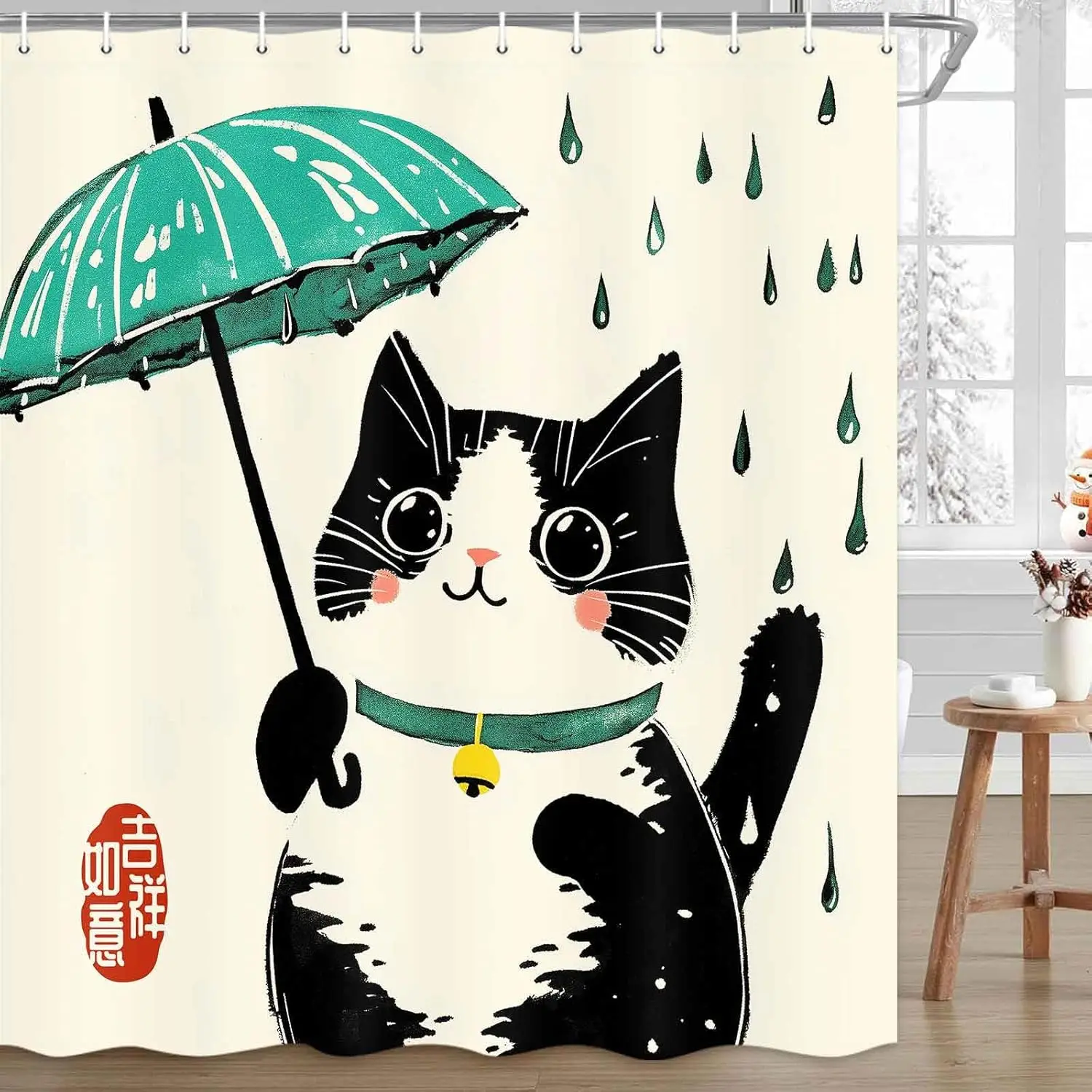 Funny Cat Shower Curtain Teal Blue Ocean Sea Turtle Seahorse Seashell Starfish Tropical Fish Nautical Bathroom Decor with Hooks