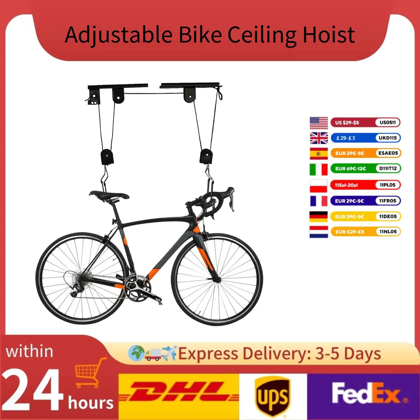 

Adjustable Bike Ceiling Hoist with Safety Belt Heavy Duty Bicycle Pulley Lift System 132LBS for Garage, Mountain/Road Bikes