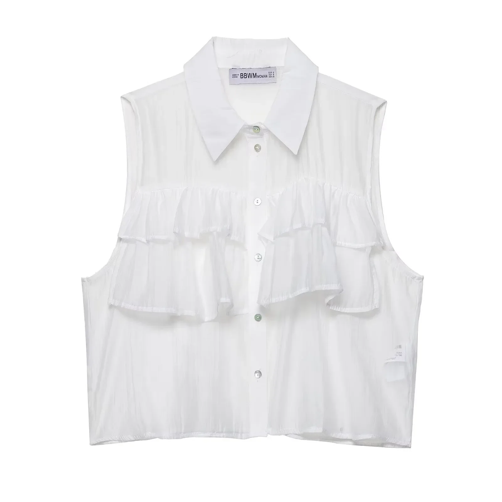 

Casual Ruffles Blouse Summer Short Sleeve Puff Trim Top Women's Clothing Polo-Neck Single-breasted Basic Solid Color Shirt