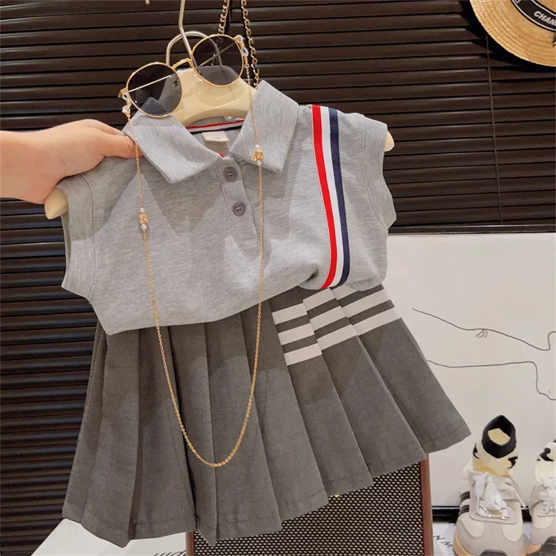 Girls 2024 Summer New Preppy style Polo Collar Striped Bat Shirt Top Pleated Skirt Two-piece Suit Girls Casual Dresses 10 to 12