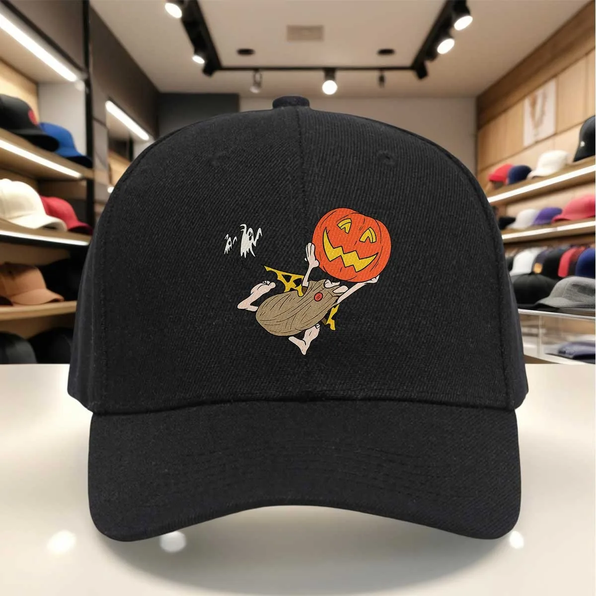 Cartoon Style Halloween Baseball Cap with Pumpkin Head And Ghost, Vintage Comics Print Hat, Funny Adjustable Outdoor Cap