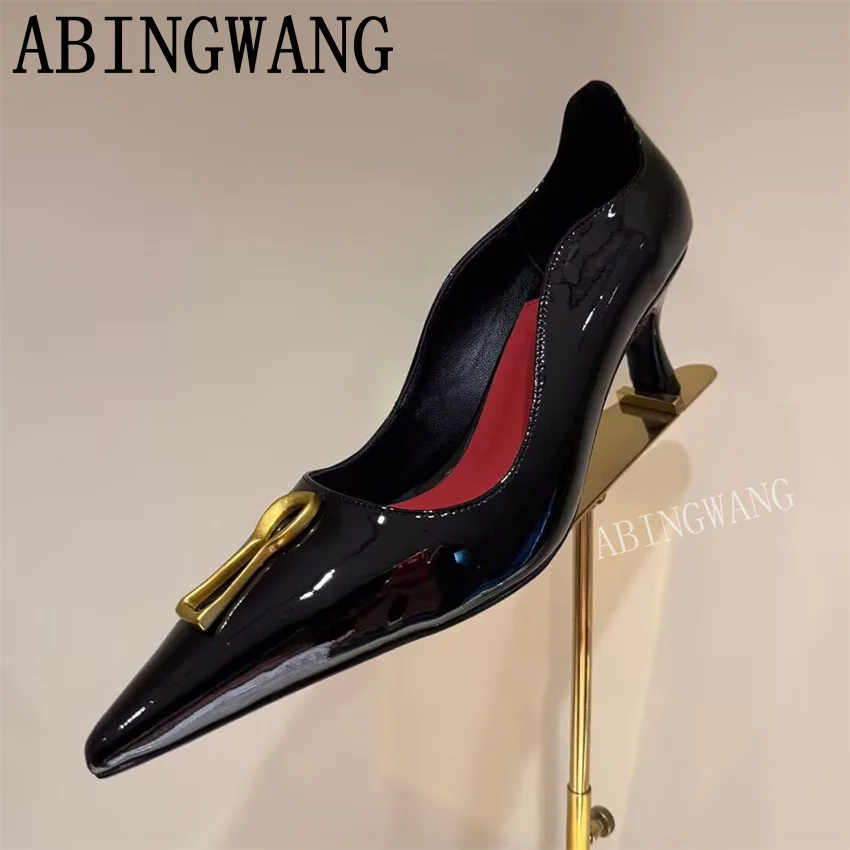 

Sexy Patent Leather Metal Decorate Thin High Heel Shoes Slip On Pointed Toe Party Dress Shoes Women Mujer