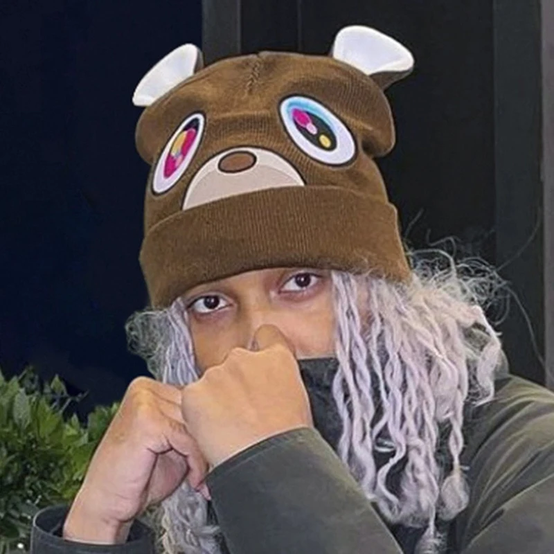 New Korean Ins Fashion Knitted Woolen Hat Warm Autumn and Winter Brown Dropout Bear Cold Hats Men and Women Adult Beanie Hats