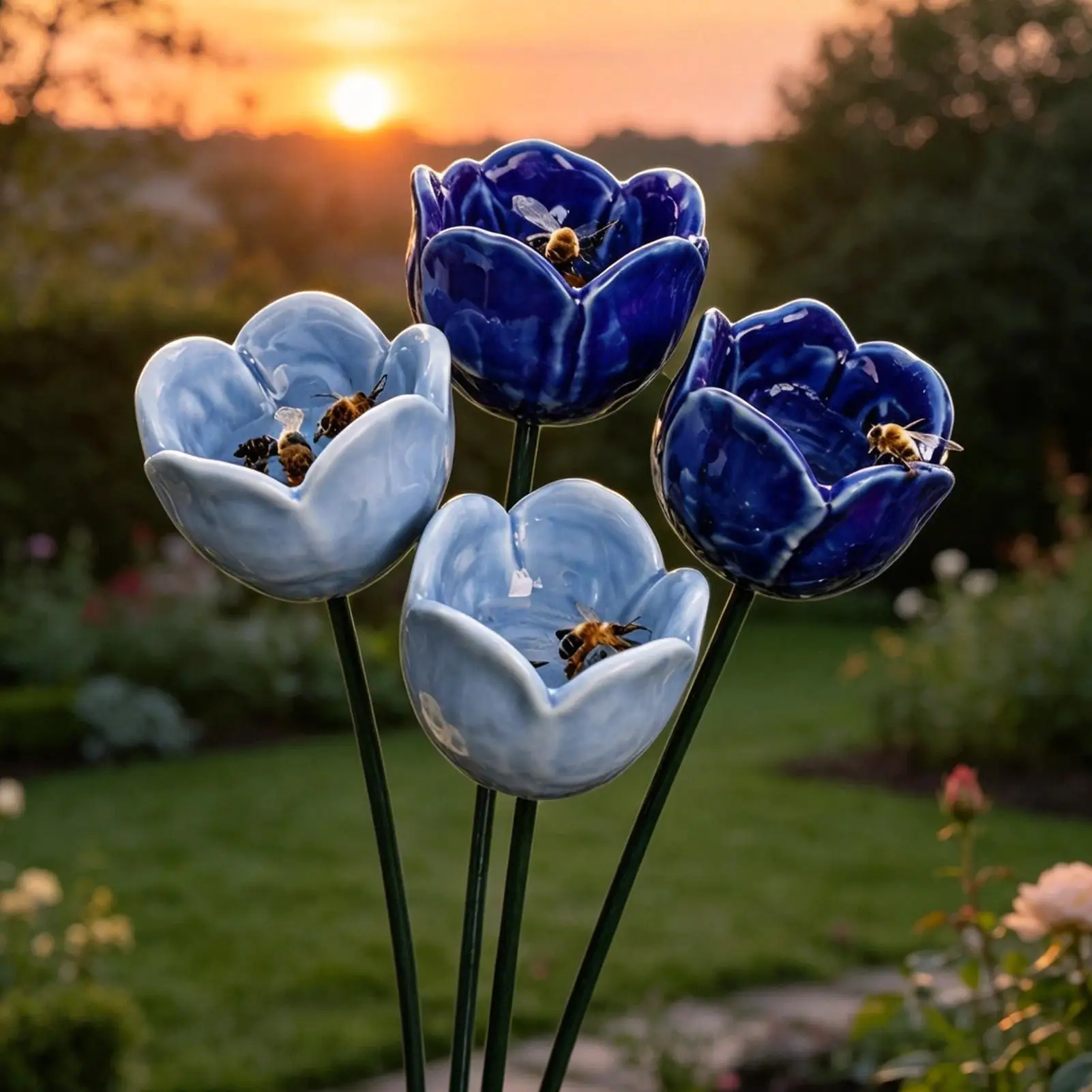 Bee Watering Cups 4 Pieces Flower Ceramic Decoration Bee Drinking Cups for Butterfly Hummingbird Feeding Aviary Finch Home