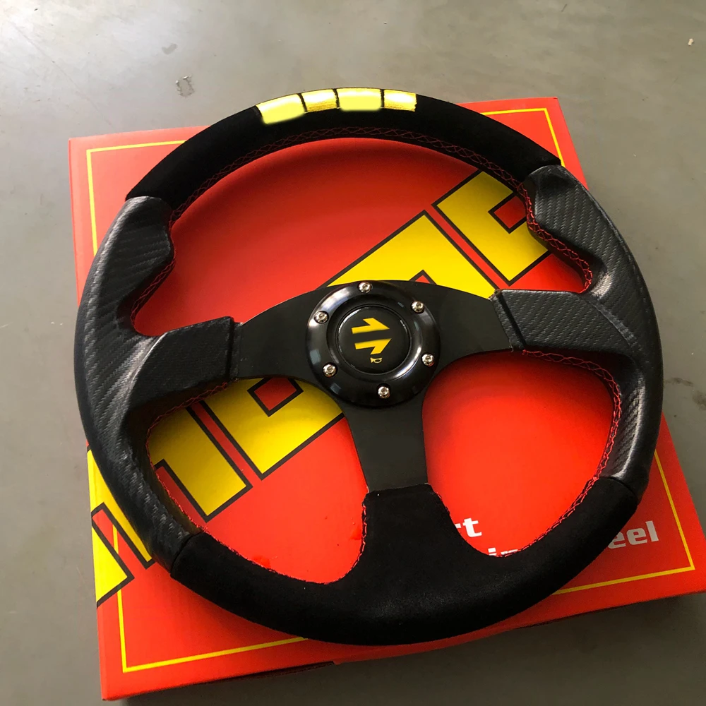 

350MM Racing Drift Suede Carbon Leather Steering Wheel Rally Flat Car Sport Steering Wheel JDM Racing Sim Game Steering Wheel