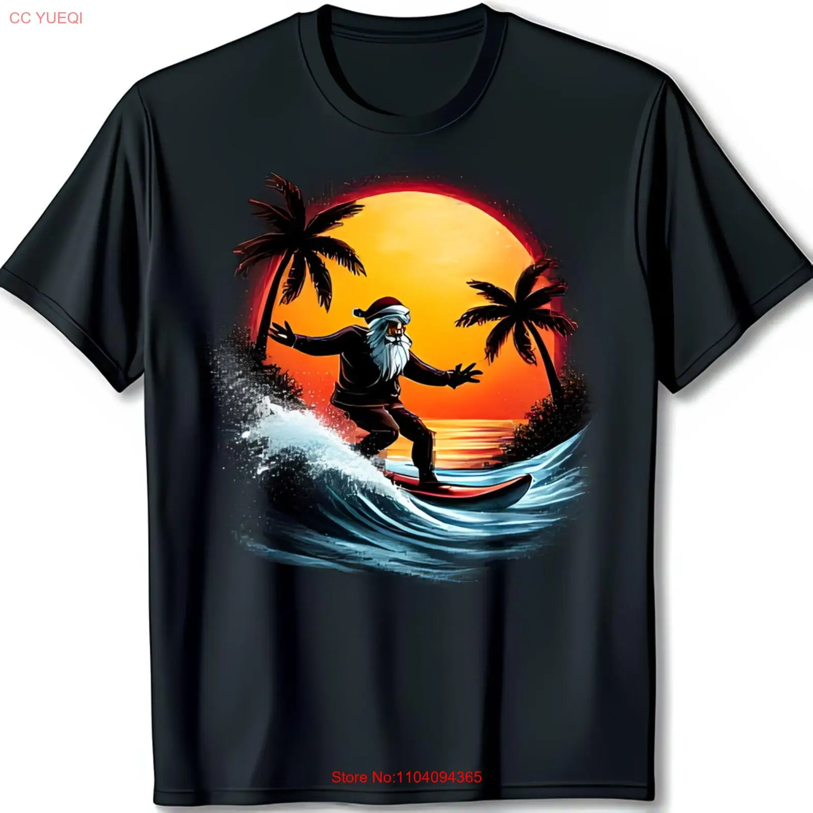

Santa Surfing at Sunset Black T-Shirt Festive Tropical Christmas Design