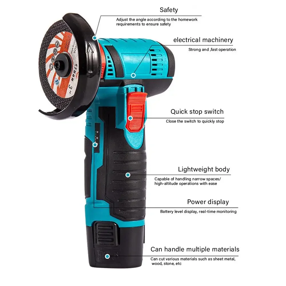 Angle Grinder Brushless/ Brushed Grinding Machine Cordless Lithium Battery Rechargeable 19500rpm 12V Grinder Cutting Power Tools